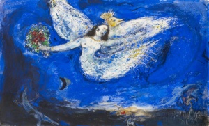 Marc Chagall, Projet pour le rideau de scène de L’Oiseau de feu de Stravinski 1945 Gouache, encre de Chine, pastel, crayons de couleur et collages de papier doré sur papier contrecollé sur carton Collection particulière © ADAGP, Paris 2015 − CHAGALL